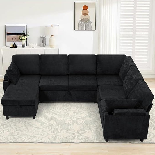 110" Chenille Sectional Sofa w/Pull Out Bed & Storage Chaise, Black | Reversible U Shape Sofa w/Storage Armrests & Cup Holders, Corner Couch w/USB Charging Port & Throw Pillows for Living Room