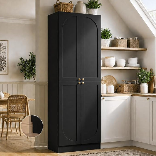 Cyclysio 80" Kitchen Pantry, Extra Tall Arch Storage Cabinet with 4 Soft Close Doors and Adjustable Shelves, Freestanding Wood Cupboard with Seamless Fit Wall for Dining Living Room (Black, 1 Pack)