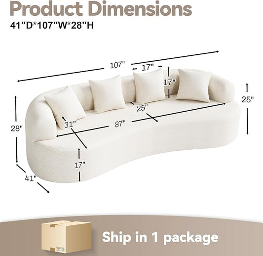 107" Curved Sofa for Living Room, Modern Chenille Cloud Couch Sofa, Luxury Plush Extra Deep 4-Seater Oversized Boucle Couch for Small Spaces, Apartment, No Assembly Required, Cream White