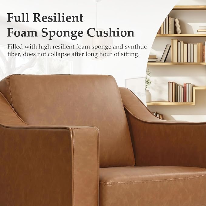 Swivel Accent Chairs Set of 2, 360° Swivel Upholstered Faux Leather Club Armchairs for Living Room, Comfy Single Sofa Reading Chair with Deep Seat, Metal Swivel Base, Brown