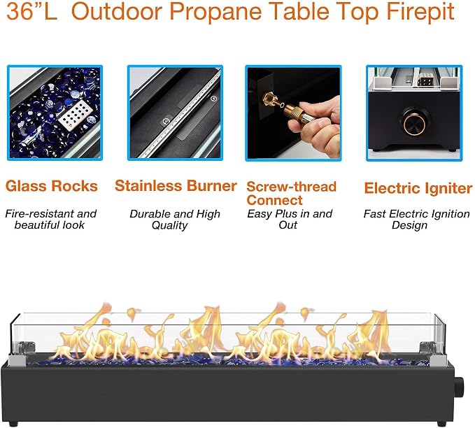 36-inch Table Top Propane Fire Pit, 40,000 BTU Tabletop Firepit for Patio, Outdoor Portable Rectangular Fire Bowl w/Wind Glass Shield, Glass Rocks - Black