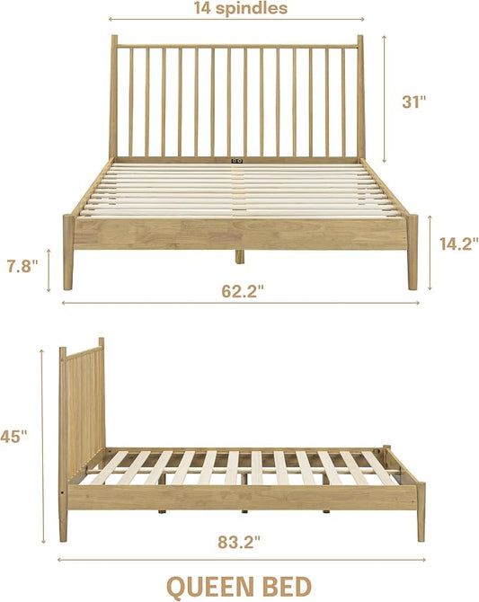 NTC Inno Wooden Bed Frame with Headboard, Solid Oak and Rubber Wood Foundation with Silent Slats and Wood Central Supports, 1000 Lb Capacity, Effortless Assembly, Queen - Sand