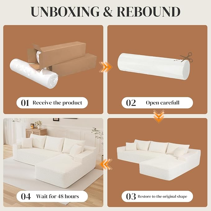 108" L Shaped Cloud Boneless Sectional Couches for Living Room, Modern Comfy Modular Deep Seat Memory Foam Compressed Corduroy Sofa Oversized Right Facing Chaise, No Assembly Required, White