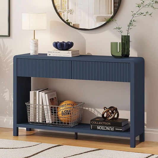 FATORRI Console Sofa Table for Entryway, 47.2 Inch Wood Hallway Tables for Living Room, Modern Couch Table behinde Sofa with 2 Drawers for Foyer Storage (Blue)