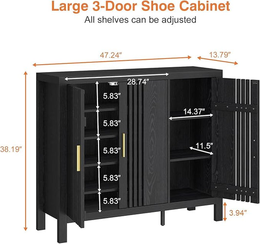 UNIQUITE Wooden Shoes Cabinet with 3 Doors and Adjustable Shelves, Retro Freestanding Shoe Organizer Cabinet for Entryway Hallway Living Room, 5-Tier Shoe Cabinet for 30 Pairs, Black