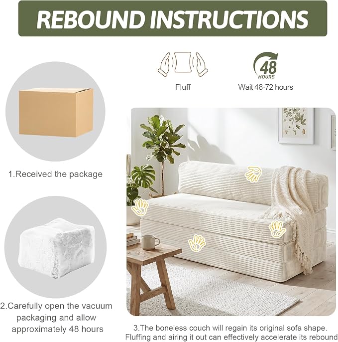 Convertible Sofa Bed, Boneless Loveseat with Removable Cushions & Washable Corduroy Cover, Futon Sofa Bed with Handle, Pull Out Couch for Small Spaces, Full Size, Beige