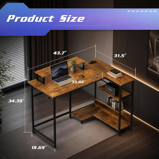 DEVAISE Compact 43" L Shaped Gaming Desk with LED Lights and Power Outlets - Corner Computer Table with Monitor Stand and Storage Shelves for Work and Gaming, Rustic Brown