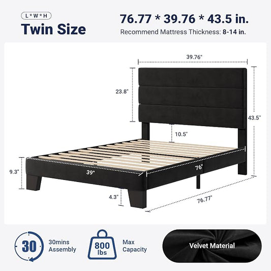 Allewie Twin Size Platform Bed Frame with Velvet Upholstered Headboard and Wooden Slats Support, Fully Upholstered Mattress Foundation/No Box Spring Needed/Easy Assembly, Black