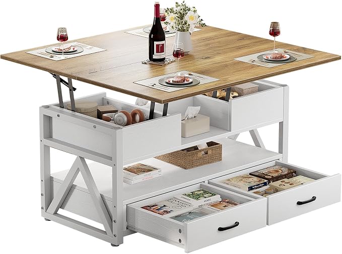 Memobarco 40" Lift Top Coffee Table,4 in 1 Multi-Function Lift Coffee Tables with Storage Drawers and Hidden Compartmen,Farmhouse Coffee Table with Lifting top for Living Room, White+Brown