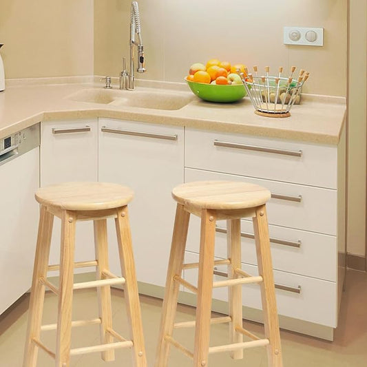 PJ Wood Classic 24 Inch Tall Round Kitchen Counter Stool Seats with Backless Design and 4 Square Legs, Natural Brown (2 Pack)