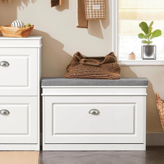 SoBuy Small Shoe Storage Bench, Narrow Shoe Cabinet for Entryway, Shoe Rack with Cushion&2 Tiers Flip-Drawer, Closet Hallway Mudroom White FSR82-L-W | Narrow shoe storage cabinet with 2-tier rack & 2 adjustable height shelves for small spaces, white, 7...