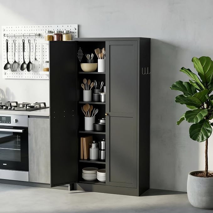 Kitchen Pantry Cabinet, 61" H Storage Cabinet with Doors and Adjustable Shelves, Spacious Cupboard with 2 Handles, Metal Kitchen Cabinet for Dining Room, Living Room,Black