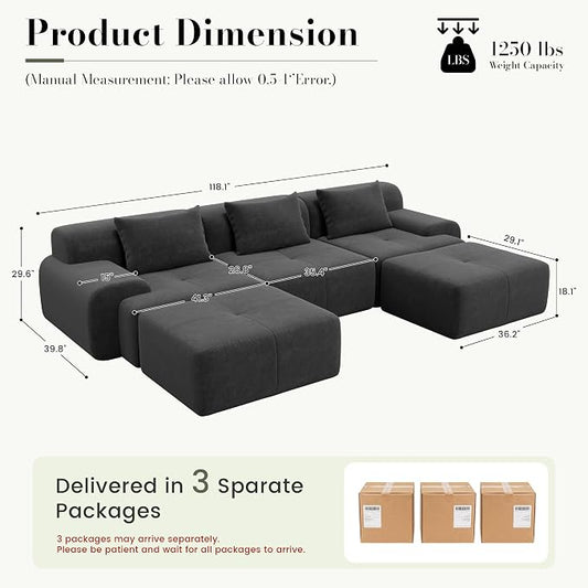 GRUSIGN 118'' Modular Sectional Oversized Boneless Couch, Tufted Cloud Sectional Couches for Living Room, U Shape Deep Seat Sofa with 2 Ottoman & 3 Throw Pillows,Corduroy Couch,Dark Grey