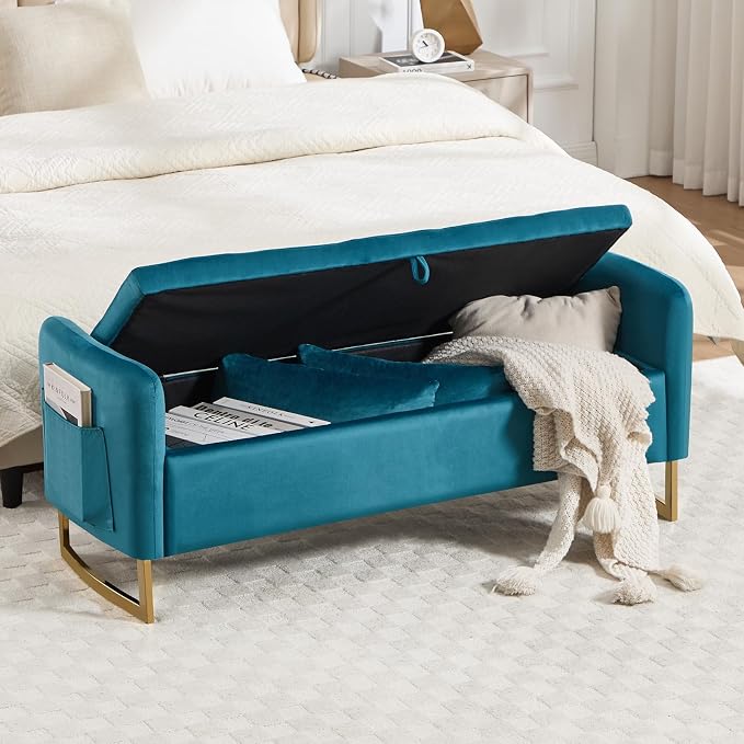 48" End of Bed Bench, Modern Storage Benches with Button-Tufted, Velvet Upholstered Storage Ottoman Bench for Foot of Bed with Arms, Gold Legs Window and Entryway, Vintage Green
