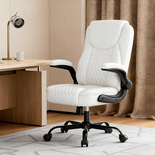 GTPLAYER Leather Office Chair, Home Desk Chair with Flip-up Arms and Ergonomic Back - Comfy Heavy Duty Executive Chair for Home Office Gaming, White