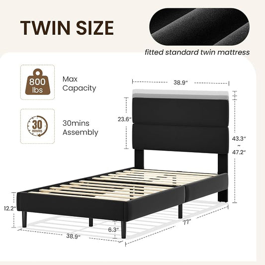 GRUSIGN Twin Size Platform Bed Frame with Velvet Headboard, Adjustable Height Wooden Slats Support, Upholstered Mattress Foundation, Fits Mattress or Mattress with Box Spring, Easy Assembly, Black