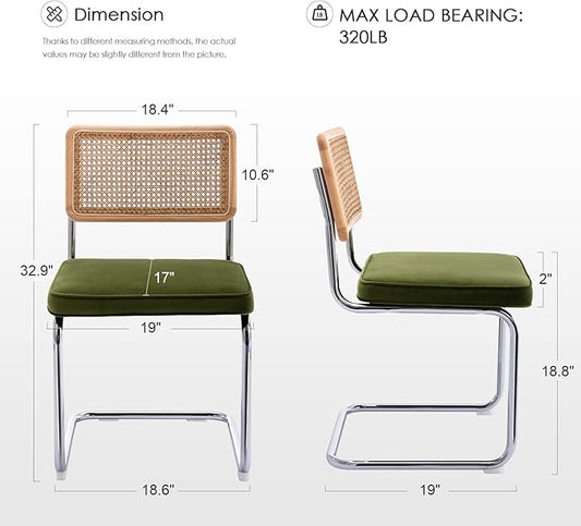 Zesthouse Mid Century Modern Dining Chairs Set of 4, Natural Rattan Dining Chairs with Solid Wood Back & Chrome Base, Upholstered Velvet Fabric, Green