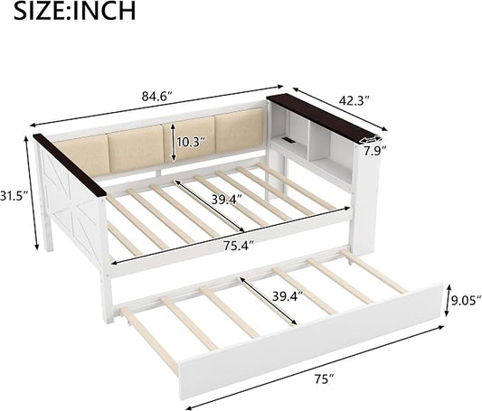 Bellemave Twin Size Corner Bed Frame with Storage Shelves and Trundle, Wood Twin Daybed with Bookcase and USB and Upholstered Backrest, White