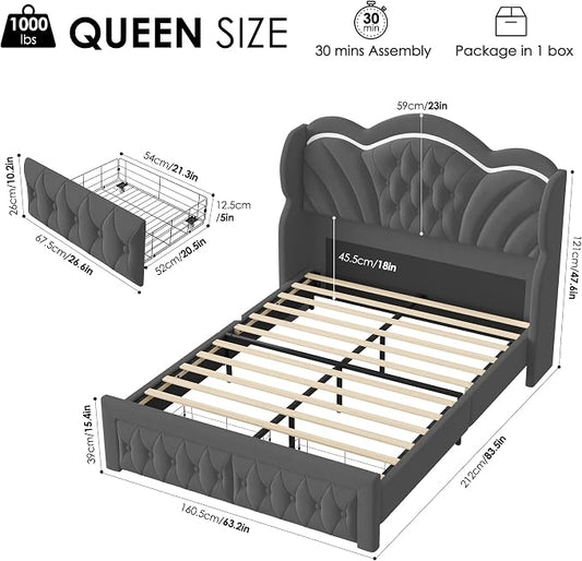 Keyluv Queen Bed Frame with LED Lights and 2 Storage Drawers, Velvet Upholstered Platform with 47" Tall Arc-Shaped Wingback Headboard and Button Tufted Design, No Box Spring Needed, Noise-Free, Gray