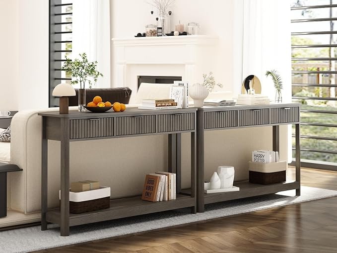 RUSTOWN Fluted Wood Console Table with 3 Drawers, 47.2" Modern Farmhouse Sofa Table & Entryway Table with Open Storage Shelf, Narrow Hallway Table for Living Room, Foyer and Hallway (Washed Oak)