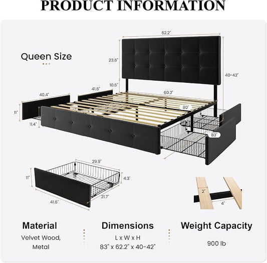 SHA CERLIN Queen Platform Bed Frame with 4 Oversized Storage Drawers, Adjustable Headboard with Velvet Upholstery, Square Button Tufted Design, Wooden Slat Support, No Box Spring Needed, Black