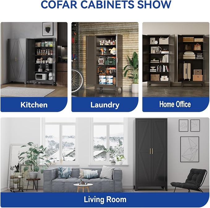 COFaR Metal Pantry Cabinet with Doors, Farmhouse 71'' Tall Storage Cabinet with 4 Adjustable Shelves, Kitchen Pantry Cabinet for Dinning Room, Garage, Laundry, Bathroom, Black 5-Tier