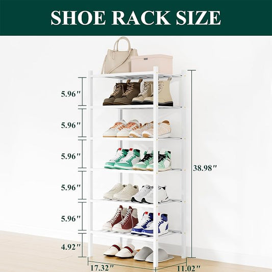 Smiry Small Bamboo Shoe Rack, 6 Tier Free Standing Wooden Shoe Organizer, Stackable Wood Shoe Storage Shelf for Closet, Entryway, 12 Vertical Slats, 2+2+2 Stack Standard Legs, 17.3"x11"x39", White