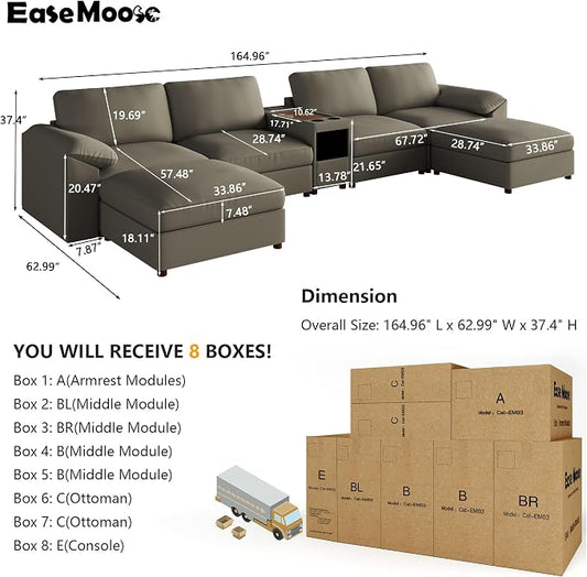 EASE MOOSE Leather Sectional Couch with Console, Oversized Modular Sectional Sofas, Wide Deep Seat Modular Couch, Scratch Resistant Faux Leather Material, U Shaped Sofa for Big Spaces,Light Grey
