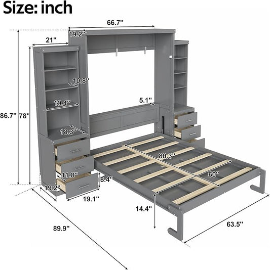 Murphy Bed Queen Size,Murphy Bed with Storage Shelves and Drawers,Wall Bedframe w/Wood Slatk,can be Folded,No Box Spring Needed,for Bedroom Apartment,Gray