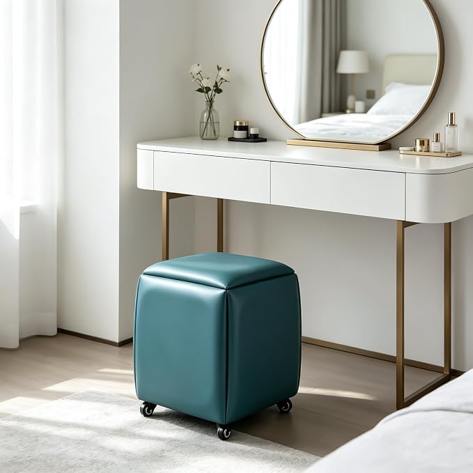 5 in 1 Nesting Ottoman Cube Chair, Stackable Stools, Leather Square Ottoman Bench, Foot Stool with Wheels for Living Room,Dining Room 15.75x15.75x16.54 inches