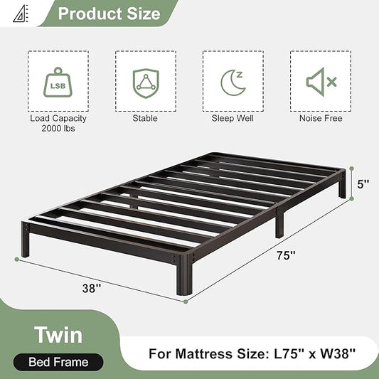 Lutown-Teen 5 Inch Low Twin Bed Frames with Rounded Corner Legs, 1000 LBS Heavy Duty Metal Twin Platform Bed Frame with Steel Slats Support, No Box Spring Needed, Noise Free, Easy Assembly