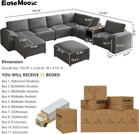 EASE MOOSE Faux Leather Sectional Couch with Console, Oversized Modular Sofa, Modern Comfy Modular Couch, Scratch Resistant Material Sofas, U Shaped Couch for Big Spaces, Grey