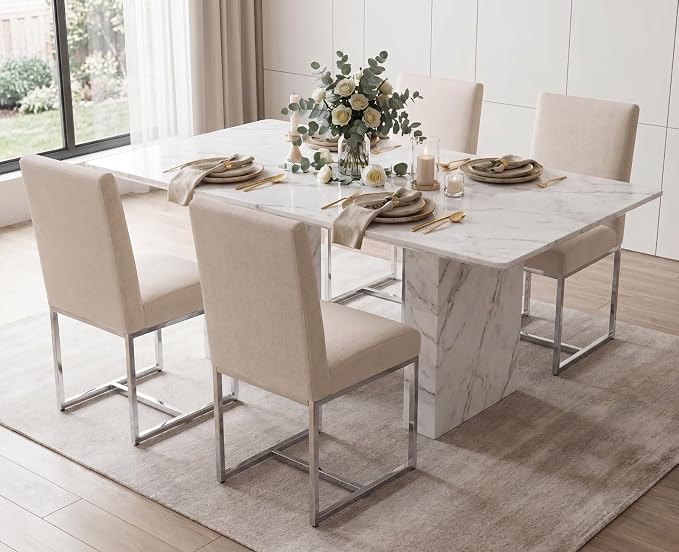 CIMOTA Modern Dining Chairs Set of 6, Upholstered Dining Room Chairs Armless Guest Side Chair with Chrome Base for Dining Room/Kitchen, Beige, 6PCS
