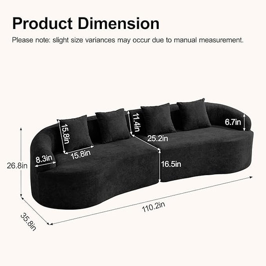 110.2" Curved Boneless Couch, Oversized Cloud Sofa with 4 Pillows, Modern 4 Seater Modular Sectional Sofa, Boneless Sectional Couches for Living Room, Curved Foam Couch, Black