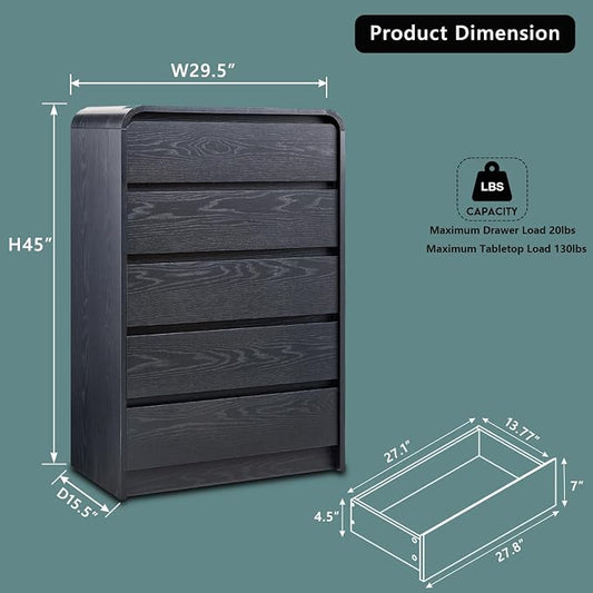 Aitjunz Modern 5 Drawers Dresser for Bedroom, 45" Tall Dressers & Chests of Drawers w/Curved Profile Design, Wood Mid Century Vertical Dresser w/Natural Texture for Bedroom, Living Room, Black