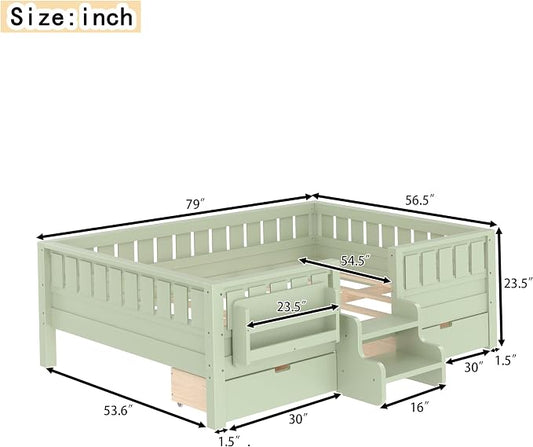 Bellemave Full Size Kids Bed with high Rails and with Built-in Bookshelf and Drawers for Kids, Girls, Boys, Wood Montessori Bed Without Door, Avocado Green