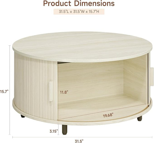ONBRILL Round Coffee Table with Storage, 31.5" Modern Coffee Table with 360° Curved Sliding Door, Fluted Wood Coffee Table with Adjustable Footpads, Round Center Table for Living Room, Natural White