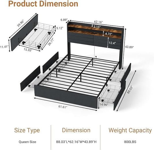 Kiivakii Queen Size Bed Frame with 4 Drawers, Heavy Duty Metal Queen Bed Frame with LED Lights, Charging Station, Upholstered Headboard, 800LBS Weight Capacity, Noise Free, Gray