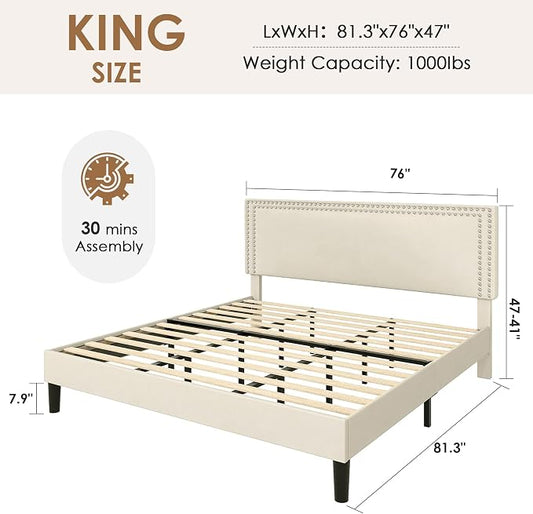 VECELO King Bed Frame with Rivet-Tufted Headboard & Footboard, Upholstered Platform Bed with Wood Slats Support, No Box Spring Needed, Noise-Free, Easy Assembly, Beige