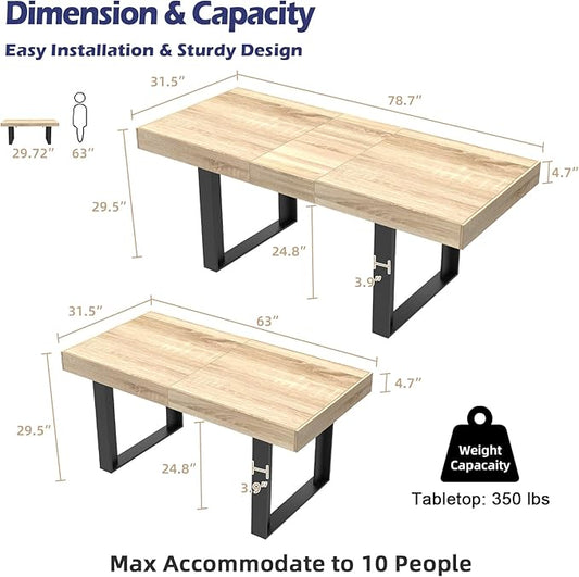 STHOUYN 63”-79” Extendable Dining Room Table Desk for 6 8 10, Modern Rustic Kitchen Expanding Table, Wooden Long Large Expandable Dining Room Conference Table for Kitchens (Natural Oak)