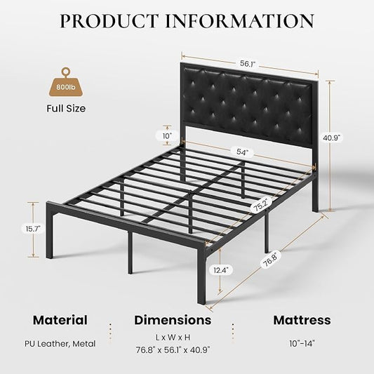 SHA CERLIN Full Size Metal Bed Frame with PU Tufted Headboard, Black | Modern Design Heavy-Duty Platform Bed, No Box Spring Need, PU Leather Upholstery, Noise Free, Easy Assembly