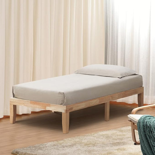 COSTWAY Twin Size Platform Bed Frame, 14 Inches Solid Rubber Wood Bed Mattress Foundation with Sturdy Slats Support, Easy Assembly Bed Frame for Home Hotel, No Box Spring Needed (Natural, Twin)