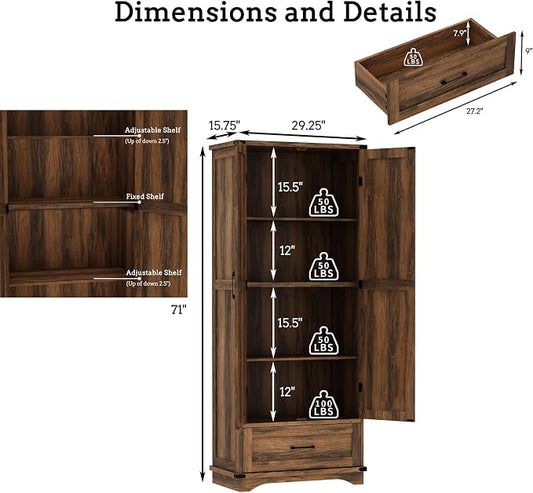 71" Farmhouse Kitchen Pantry Storage Cabinet with Drawer & 2 Barn Doors, Freestanding Cupboard with Adjustable Shelves, Modern Floor Cabinet for Kitchen, Dining Room, Living Room, Bathroom, Brown