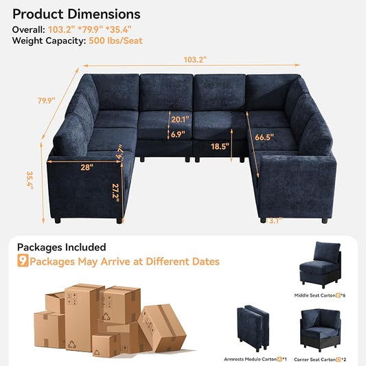 104'' U Shaped Modular Sofa, Sectional Couches with Storage for Living Room, Oversized 8 Seater Cloud Sectional Couch, Chenille Navy