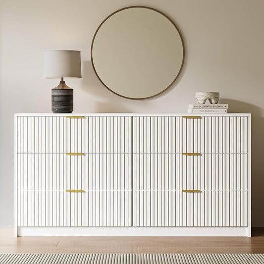 MAISONARIA 3-Piece Dresser Bedroom Set, 6 Drawer Dresser & 3 Drawer Dresser with Gold Handles, Fluted Wood Chest of Drawers for Bedroom, Living Room, Entryway, White
