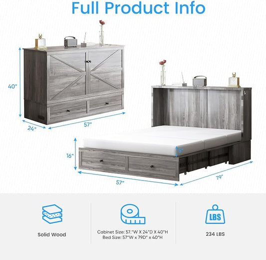 PUREMIND Full Murphy Bed Cabinet with Mattress Included, Bedroom Cabinet Beds with USB Charging Station, Murphy Chest Bed with Storage Drawers, Horizontal Wallbed for Guest Room Grey