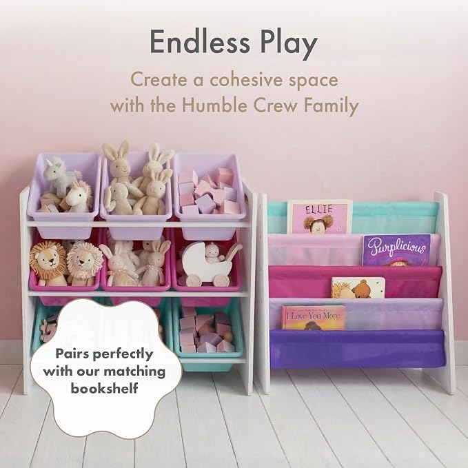 Humble Crew Toy Storage Organizer with 9 Removable Storage Bins for Kids Playroom, 3-Tier Toddler Toy Organization and Storage, White/Pink/Purple/Aqua