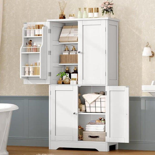 TEENFON 51" H Pantry Cabinet with 4 Doors, Kitchen Cabinet with 6 Door Shelves, Storage Cabinet for Living Room, Dining Room, Bathroom, White