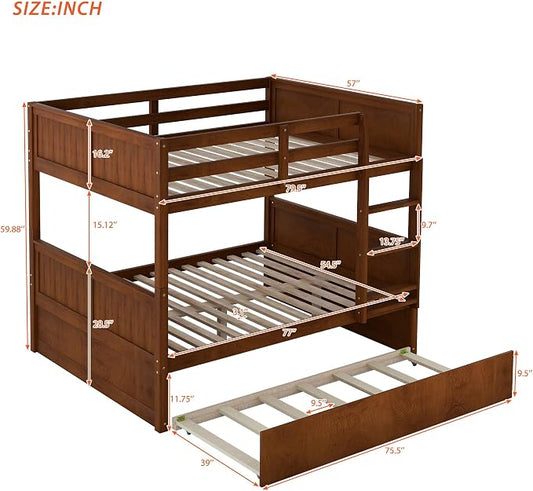 Bellemave Bunk beds Full Over Full with Twin Size Trundle, Low bunk Bed for Kids Adults and Teenagers,Walnut