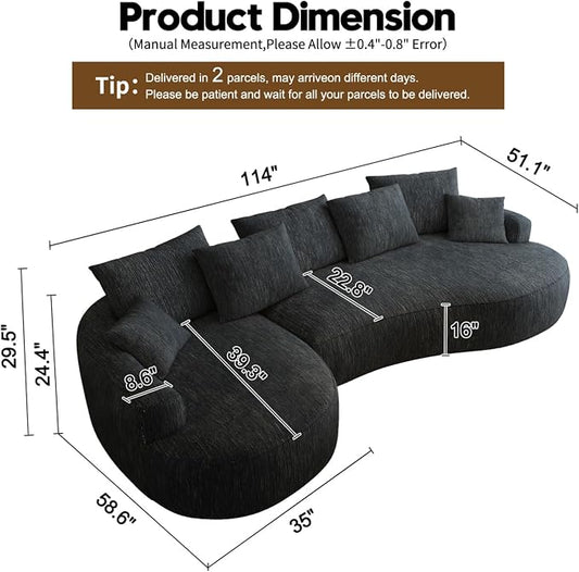115-inch L-Shaped Luxurious Modern Contoured Curved Back Sofa, a Seamless Boneless Design with Curved Silhouette, Ideal for Living Room use(Left Chaise,Black)